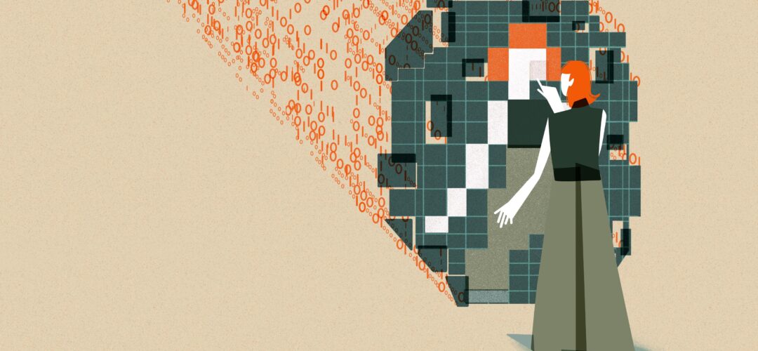 This image shows an individual with orange hair interacting with a large, abstract digital mirrored structure. The structure is composed of squares in varying shades of green, orange, white, and black which are pieced together to reflect the individual’s figure. The figure's hand is extended as if pointing to or interacting with the mirrored structure. Behind the structure are streams of binary code (0s and 1s) in orange, flowing towards the digital grid.