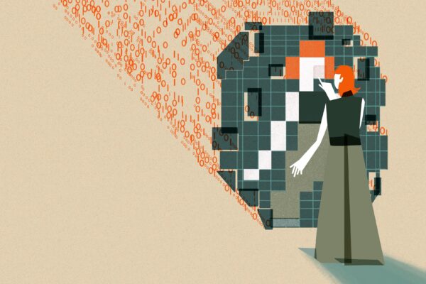 This image shows an individual with orange hair interacting with a large, abstract digital mirrored structure. The structure is composed of squares in varying shades of green, orange, white, and black which are pieced together to reflect the individual’s figure. The figure's hand is extended as if pointing to or interacting with the mirrored structure. Behind the structure are streams of binary code (0s and 1s) in orange, flowing towards the digital grid.